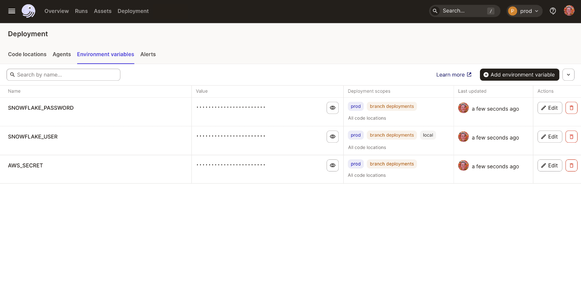 UI Dagster+ Deployment - Environment variables tab